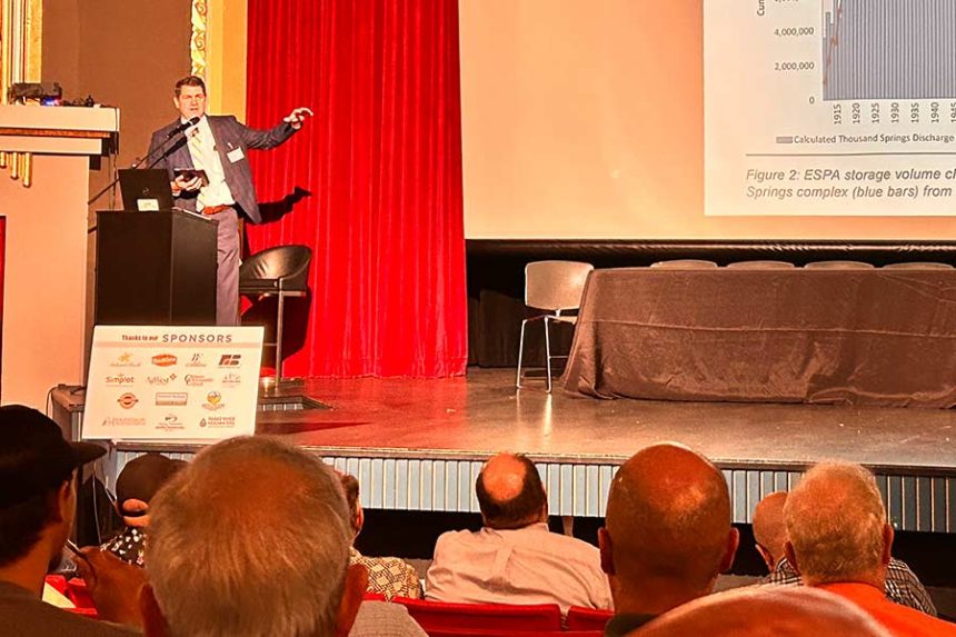 Sen. Kevin Cook, R-Idaho Falls, giving a presentation at Rexburg's Roman Theatre Tuesday morning about water storage projects. | Rett Nelson, EastIdahoNews.com