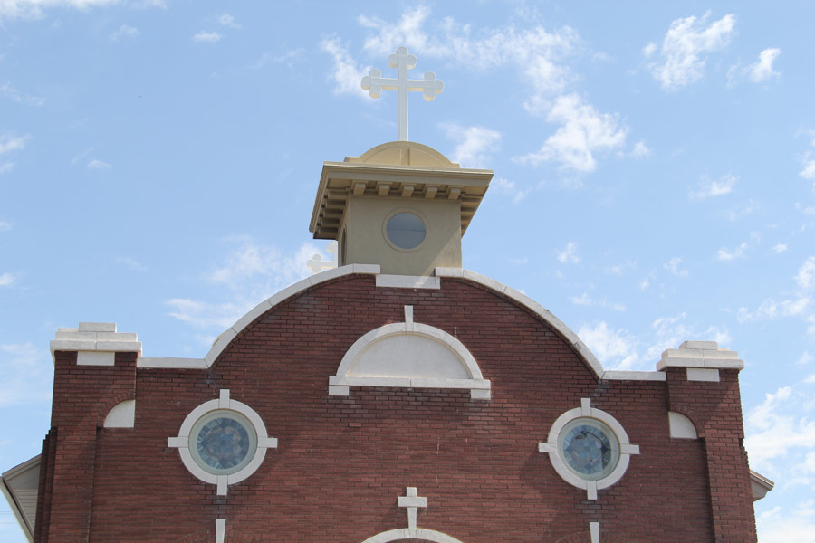 The top of the historic Greek Orthodox church.