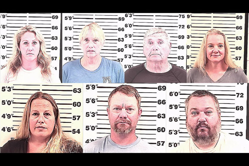Marcye Gifford, 38, (top left) Marian McKenna, 70, (top middle left) Rodney McKenna, 74, (top middle right) Winter Rose Mickelberry, 47, (top right) Christi Rose Spinner, 43, (bottom left) David John Spinner, 46, (bottom middle) and Chad H. Vanderbeek, 43, (bottom right) | Fremont County Jail