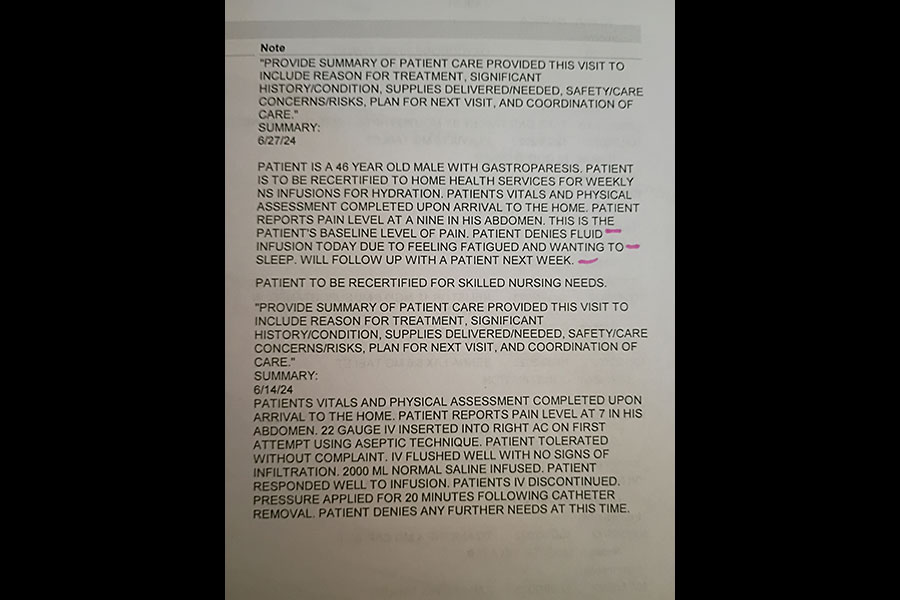 Documents detailing that on June 14, 2024, Jesse Hooks received a dosage of saline of 2,000 mL. | Courtesy Sabrina Chambers