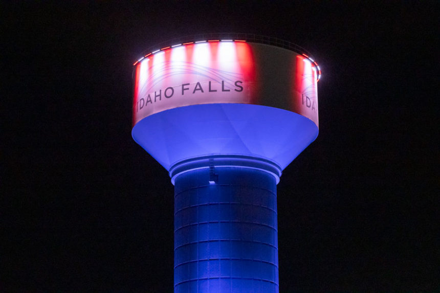 Idaho Falls newest water tower with it's lights turned on in homage to it's previous water tower, Thursday, Aug. 15, 2025, in Idaho Falls, Idaho. While it's not in service quite yet, city officals hope to have the project complete before fall.