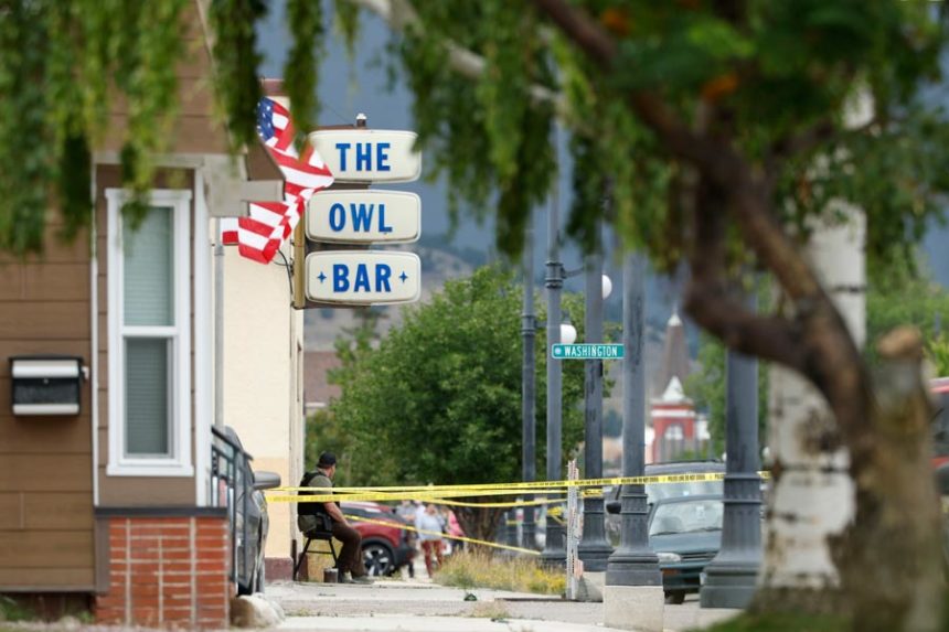 Police tape surrounds The Owl Bar in Anaconda, Montana, on August 1, following the fatal shooting.