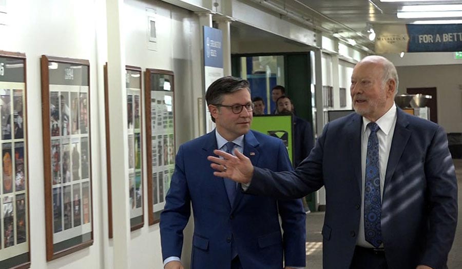 U.S. Speaker of the House Mike Johnson, left, tours the Idaho Falls Melaleuca Distribution Center on Tuesday with Melaleuca Executive Chairman Frank VanderSloot. | Daniel Ramirez | EastIdahoNews.com