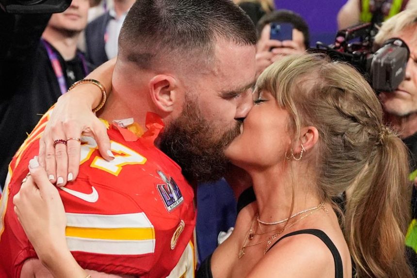 Kansas City Chiefs tight end Travis Kelce (87) and Taylor Swift kiss after the Chiefs defeated the San Francisco 49ers in the NFL Super Bowl 58 football game on Feb. 11, 2024, in Las Vegas. | John Locher, Associated Press