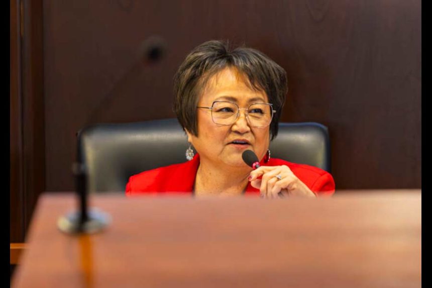Sen. Julie VanOrden, R-Pingree, conducts committee business during the Senate Health and Welfare Committee meeting on March 10, 2025, at the Idaho Capitol Building in Boise. (Pat Sutphin for the Idaho Capital Sun)