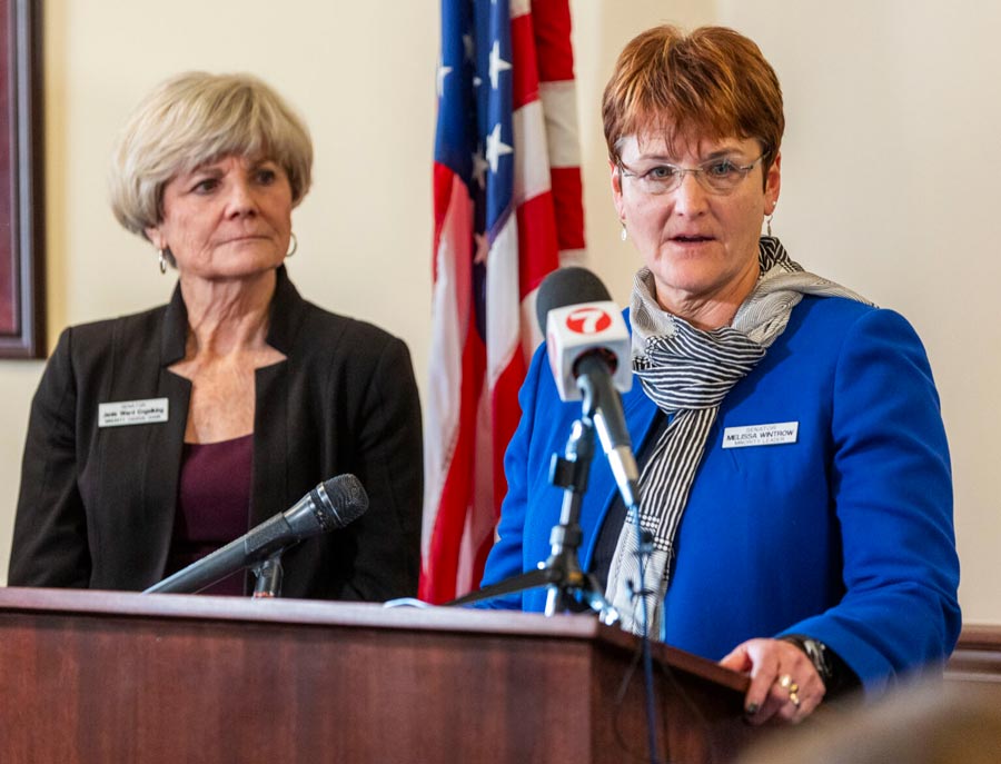 Idaho Senate Minority Leader Melissa Wintrow, D-Boise, (right) and Minority Caucus Chairwoman Janie Ward-Engelking, D-Boise, respond to questions at an Idaho Democratic Caucus press conference on Jan. 6, 2025, at the Statehouse in Boise. | Pat Sutphin, Idaho Capital Sun