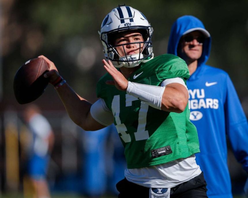BYU quarterback Bear Bachmeier looks to pass during a practice, Tuesday, Aug. 19, 2025 in Provo, Utah. (Photo: Jaren Wilkey, BYU Photo)