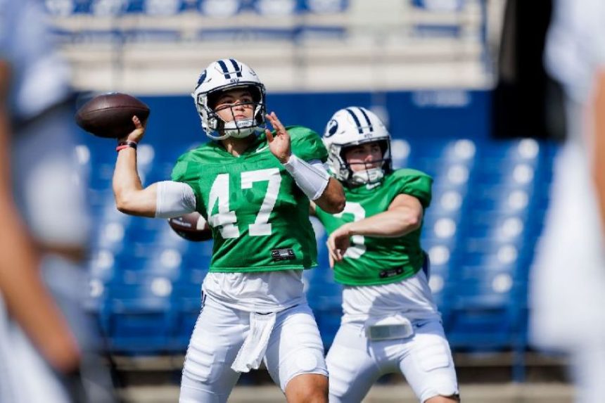 BYU quarterback Bear Bachmeier (7) and McCae Hillstead (3) warm up prior to Saturday’s scrimmage. | Abby Shelton, BYU photo.