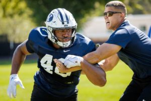 BYU defensive end Bodi Schoonover practices during training camp in Provo. | Jaren Wilkey, BYU Photo.