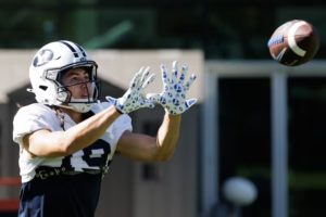 BYU receiver Tiger Bachmeier makes a catch during train camp in Provo earlier this season. | Jaren Wilkey, BYU photo.