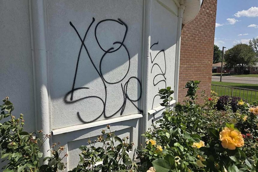 Graffiti on the west side of the Idaho Falls FamilySearch Center on Saturday, Aug. 16, 2025. | Nate Sunderland, EastIdahoNews.com