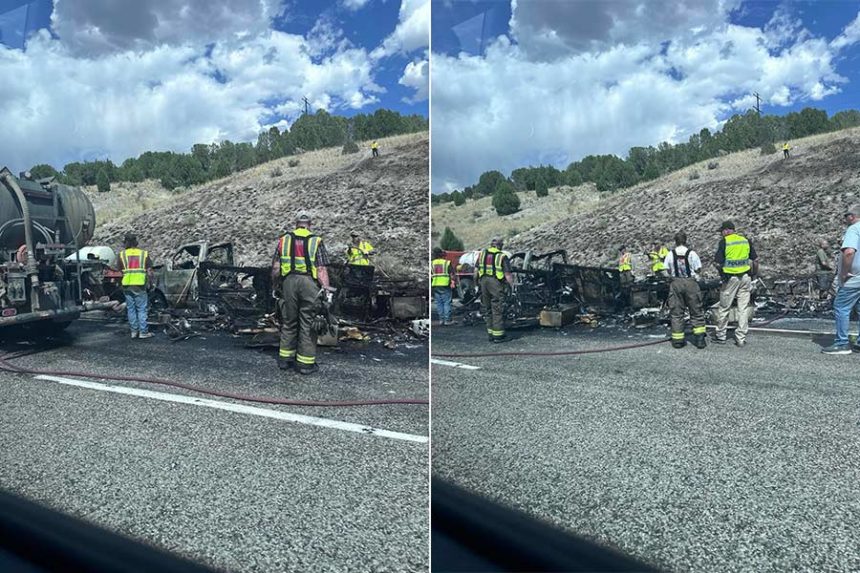 Emergency responders on scene of a jeep fire along I-15 near Malad Friday afternoon. | Courtesy photo
