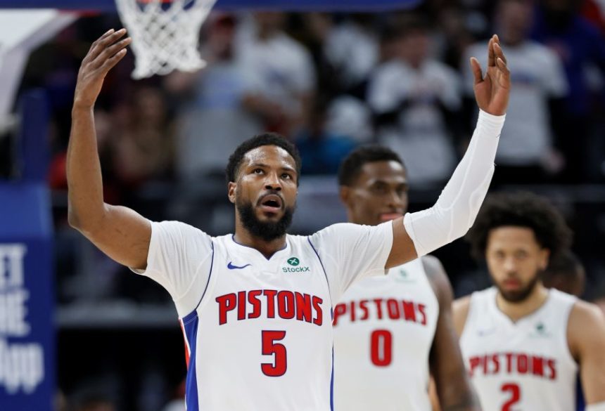 FILE - Detroit Pistons guard Malik Beasley (5) celebrates after scoring against the New York Knicks during the first half of Game 6 of an NBA basketball first-round playoff series Thursday, May 1, 2025, in Detroit. (AP Photo/Duane Burleson, File)