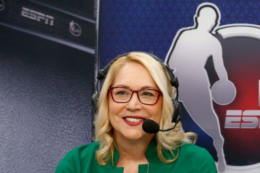 ESPN announcers Doris Burke works before an NBA basketball game between the New Orleans Pelicans and the Dallas Mavericks in Dallas, Wednesday, March 4, 2020. (AP Photo/Michael Ainsworth, File)