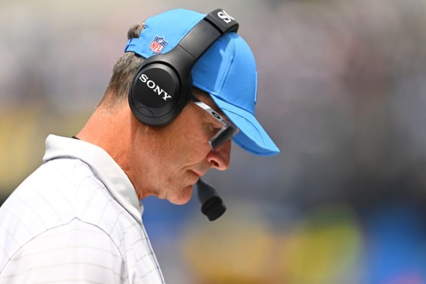 Los Angeles Chargers head coach Jim Harbaugh watches from the sideline during the first half of a preseason NFL football game against the New Orleans Saints, Sunday, Aug. 10, 2025, in Inglewood, Calif. (AP Photo/Jayne Kamin- Oncea)