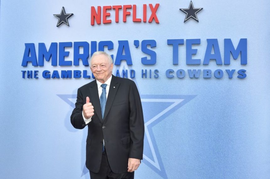 Jerry Jones arrives at the premiere of "America's Team: The Gambler and His Cowboys" on Monday, Aug. 11, 2025, at The Egyptian Theatre in Los Angeles. (Photo by Richard Shotwell/Invision/AP)