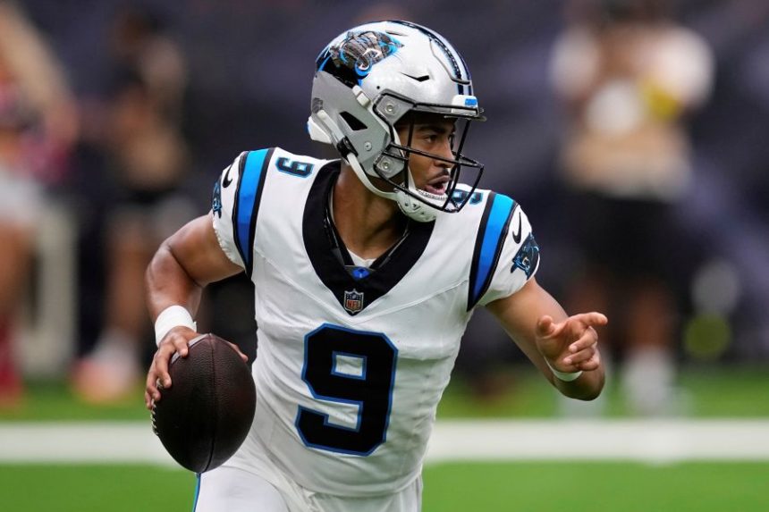 Carolina Panthers quarterback Bryce Young looks to pass against the Houston Texans during the first half of an NFL preseason football game on Saturday, Aug. 16, 2025, in Houston. (AP Photo/David J. Phillip)
