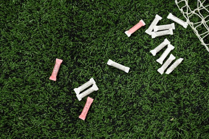 FILE - Smelling salts lay on the sidelines during an NFL football game between the Indianapolis Colts and Pittsburgh Steelers, Dec. 16, 2023, in Indianapolis. (AP Photo/Zach Bolinger, File)