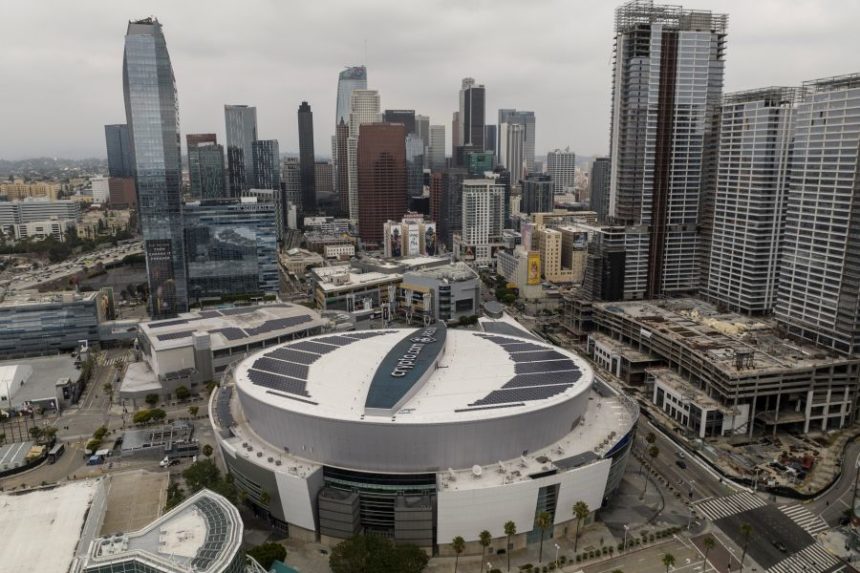 FILE - This aerial view show Crypto.com Arena in downtown Los Angeles, Tuesday, Sept. 5, 2023. (AP Photo/Jae C. Hong, File)