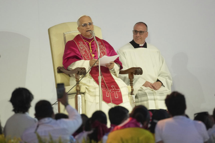 Pope Leo XIV holds prayer vigil with young people participating in the Youths Jubilee at the Tor Vergata field in Rome, Saturday, Aug. 2, 2025. (AP Photo/Andrew Medichini)