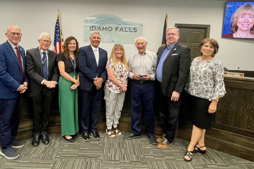 Longtime community leader Carrie Scheid, center, was recognized by Idaho Falls Mayor Rebecca Casper with a special award Thursday night. | Courtesy City of Idaho Falls