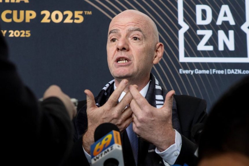 FILE - FIFA President Gianni Infantino speaks to the media at a welcoming event for the 2025 FIFA Club World Cup soccer tournament, April 10, 2025, in Philadelphia. (AP Photo/Chris Szagola, file)
