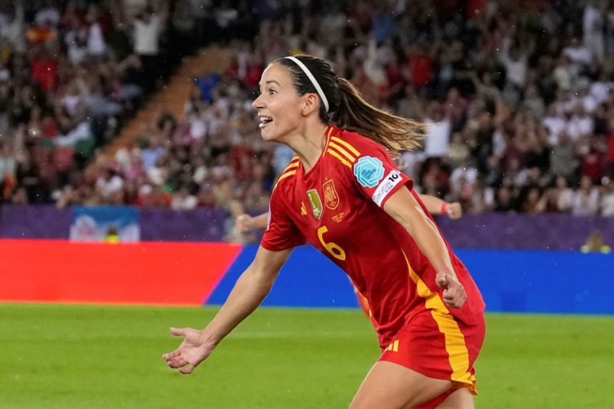 Spain's Aitana Bonmati celebrates after scoring the opening goal during the Women's Euro 2025 semifinals soccer match between Germany and Spain at Stadion Letzigrund in Zurich, Switzerland, Wednesday, July 23, 2025. (AP Photo/Alessandra Tarantino)
