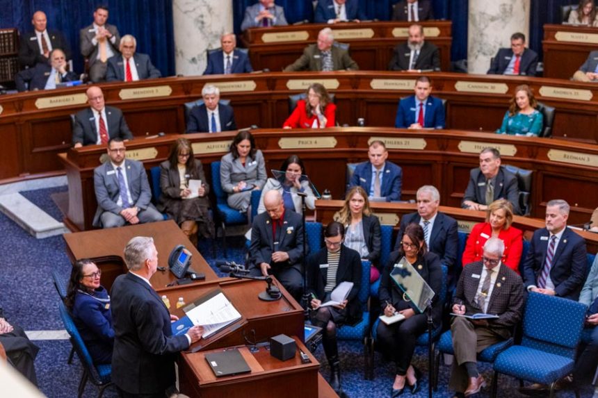 Idaho Gov. Brad Little gives his annual State of the State address on Jan. 6, 2025, on the House floor at the Statehouse in Boise. | Pat Sutphin, Idaho Capital Sun