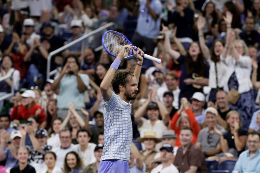 Daniil Medvedev, of Russia, reacts during a match against Benjamin Bonzi, of France, in the first-round of the U.S. Open tennis championships, Sunday, Aug. 24, 2025, in New York. (AP Photo/Adam Hunger)