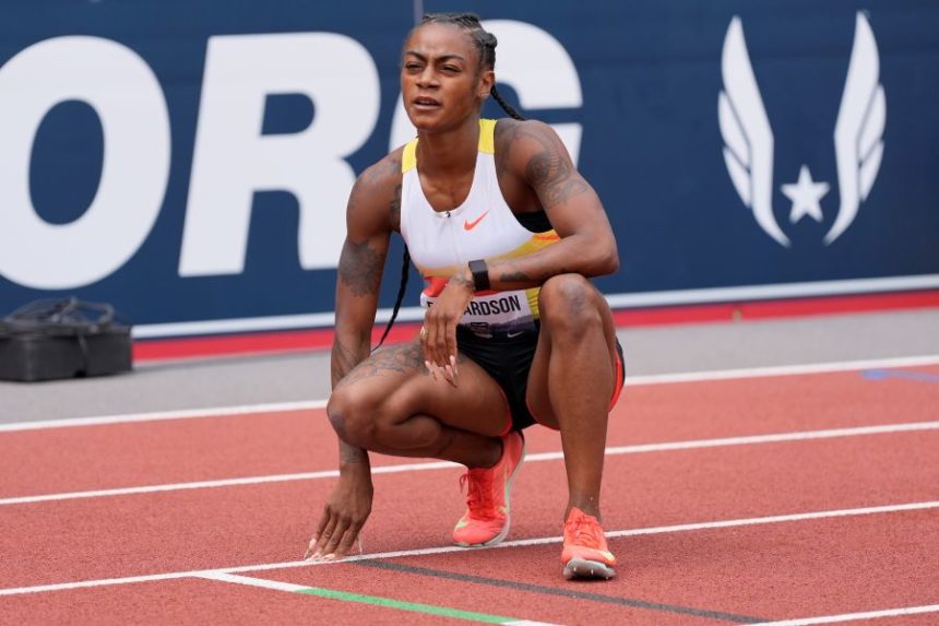Sha'Carri Richardson reacts after her women's 200-metter semifinals during the U.S. Championships athletics meet in Eugene, Ore.,Sunday, Aug. 3, 2025. (AP Photo/Ashley Landis)