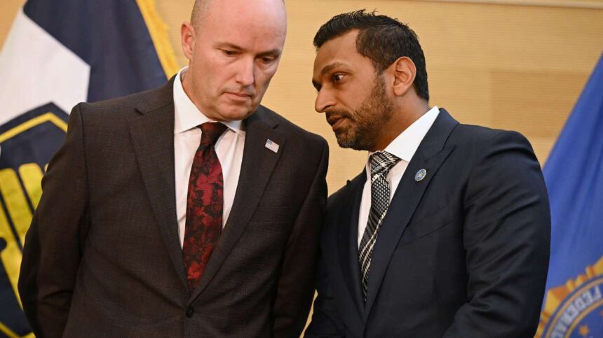 Utah Gov. Spencer Cox and FBI Director Kash Patel speak to each other during a press conference on the campus of UVU, where it was announced that the suspect in Charlie Kirk’s murder had been arrested in Orem on Friday. | Scott G. Winterton, Deseret News