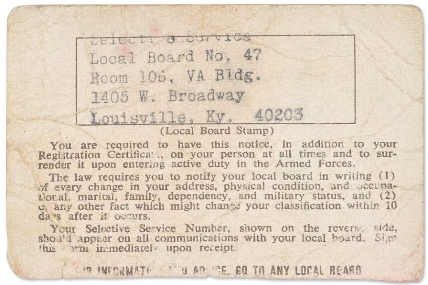 This image provided by Christie’s Auction House shows Muhammad Ali's draft card. (Christie’s Auction House via AP)