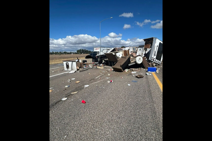A SUV towing a RV rolled over on U.S. Highway 20, blocking traffic heading south. | Courtesy Rexburg Police Department