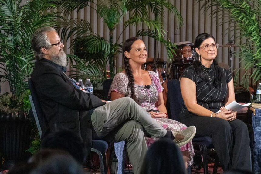 Pastor Tim Remington, Cara Kernodle and Sara Weaver speak about how they faced their high-profile tragedies during the Journey of Forgiveness community event on Saturday at The Altar in Coeur d’Alene. | Colin Mulvany, The Spokesman-Review