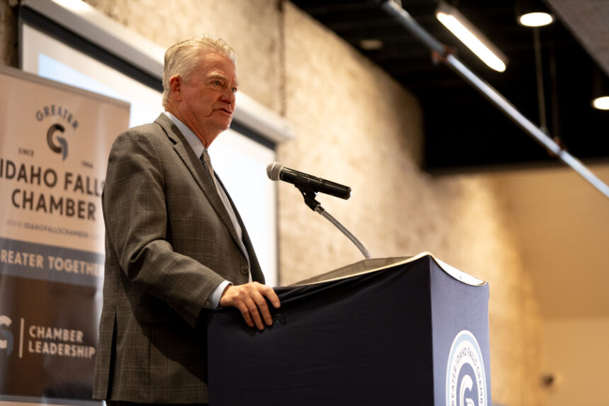 Idaho Governor Brad Little Speaking during the Greater Idaho Falls Chamber Luncheon, Tuesday, Sept. 16, 2025. Little praised the work done in the state in regards to education, economy, water and future milestones. | Daniel V. Ramirez, EastIdahoNews.com