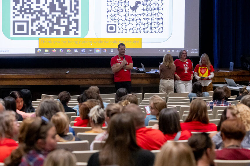 Idaho Falls Education Association member Jake Snarr speaking with IFEA members during the ratification meeting Wednesday afternoon. | Daniel V. Ramirez, EastIdahoNews.com