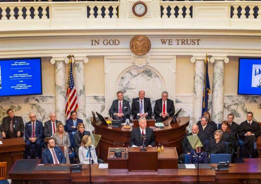 Idaho Gov. Brad Little gives his annual State of the State address on Jan. 6, 2025, on the House floor at the Statehouse in Boise. | Pat Sutphin, Idaho Capital Sun