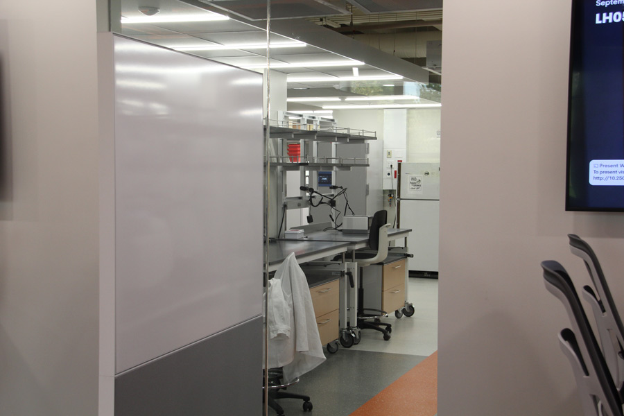 The view from the student lounge of the laboratory.