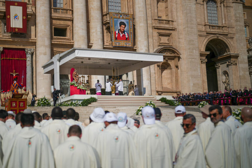 Pope Leo XIV celebrates the canonization Mass of Carlo Acutis and Pier Giorgio Frassati in St. Peter's Square at the Vatican Sunday, Sept. 7, 2025. (AP Photo/Andrew Medichini)