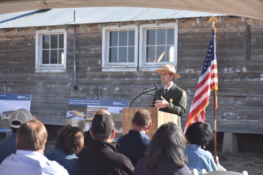 Wade Vagias, superintendent of southern Idaho parks, speaks Friday during groundbreaking ceremonies announcing new renovation projects funded by the Great American Outdoors Act at Minidoka National Historic Site. | Courtesy National Park Service
