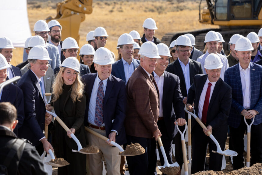Co-founder and CEO of Oklo Jake and co-founder and coo of Oklo Caroline DeWitte (far left), U.S. Representative Mike Simpson (left), Idaho Gov. Brad Little (middle), Idaho National Labratory Director John Wagner (middle), U.S. Senator Jim Risch (right) and Utah Gov. Spencer Cox (far-right) at the groundbreaking of the Okla Aurora Powerhouse plant at the Idaho National Labratory. | Daniel V. Ramirez, EastIdahoNews.com