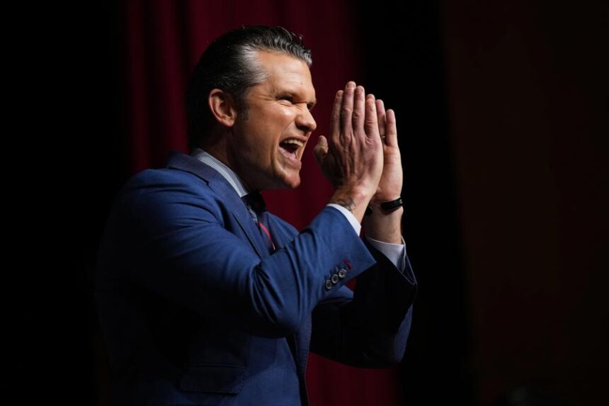 Secretary of Defense Pete Hegseth speaks to senior military leaders at Marine Corps Base Quantico, Tuesday, Sept. 30, 2025 in Quantico, Virginia | Andrew Harnik, Associated Press
