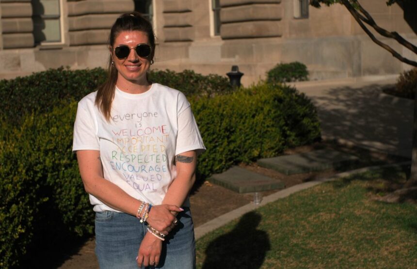 Sarah Inama stands for a portrait after speaking at an “everyone is welcome here” themed rally at the Idaho Capitol Building. | Kaeden Lincoln, IdahoEdNews.org