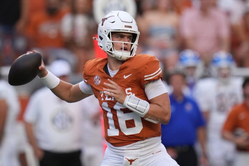 Texas quarterback Arch Manning (16) throws against San Jose State during the first half of an NCAA college football game in Austin, Texas, Saturday, Sept. 6, 2025. (AP Photo/Eric Gay)