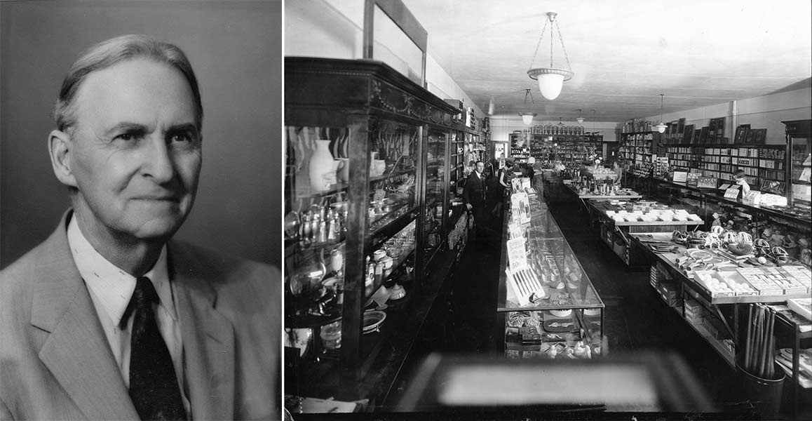 Arthur Porter, left, bought his newspaper in 1907 then bought a local bookstore in 1916. He moved the two of them to one storefront on College Avenue in 1917. The photo on the right shows that storefront in downtown Rexburg around 1920. | Courtesy Chuck Porter