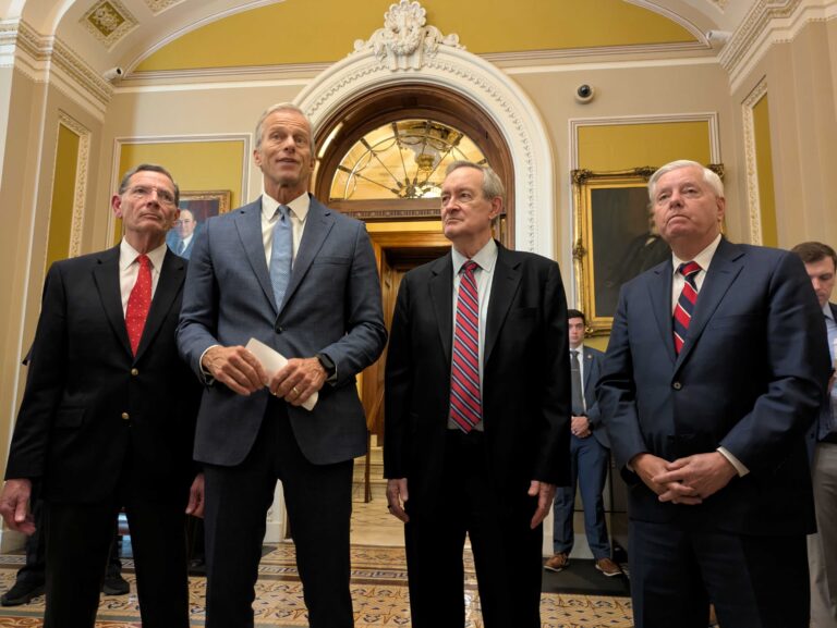 Republican Sens. John Barrasso of Wyoming, John Thune of South Dakota, Mike Crapo of Idaho and Lindsey Graham of South Dakota speak to reporters after passage of their sweeping tax break and spending cut bill on Tuesday, July 1, 2025. (Photo by Ashley Murray/States Newsroom)