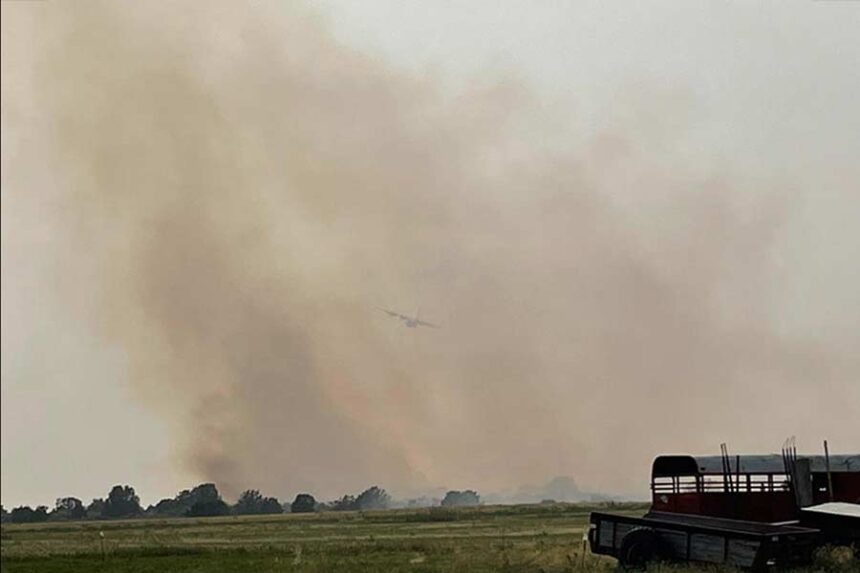 Firefighters battling the Bucham Fire on East River Road near Firth Friday afternoon. | Courtesy U.S. Bureau of Land Management