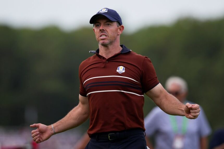 Europe's Rory McIlroy celebrates after a putt on the 14th hole at Bethpage Black golf course during the Ryder Cup golf tournament, Saturday, Sept. 27, 2025, in Farmingdale, N.Y. (AP Photo/Matt Slocum)