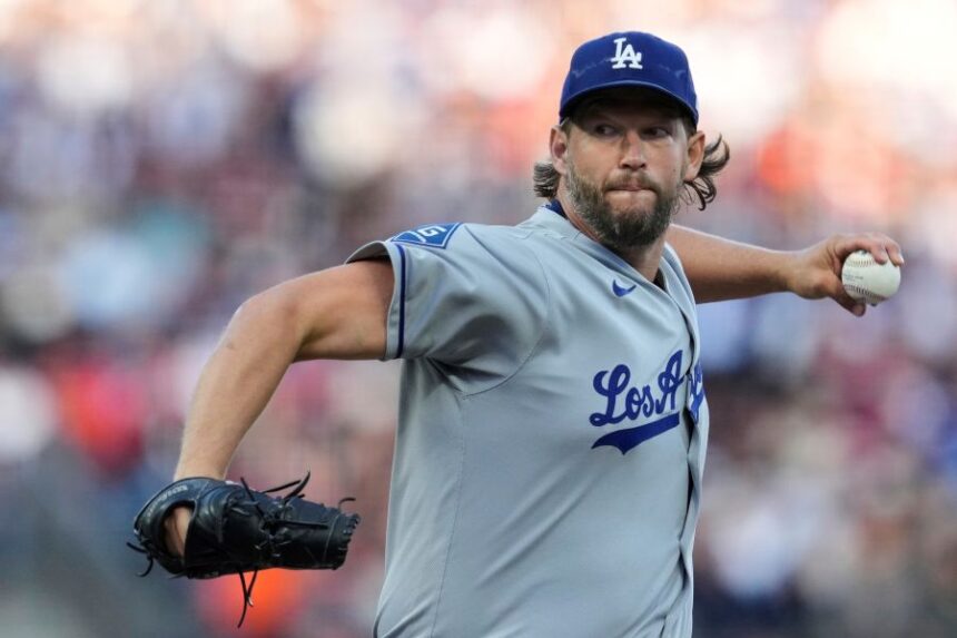 Los Angeles Dodgers' Clayton Kershaw pitches to a San Francisco Giants batter during the first inning of a baseball game Saturday, Sept. 13, 2025, in San Francisco. (AP Photo/Godofredo A. Vásquez)