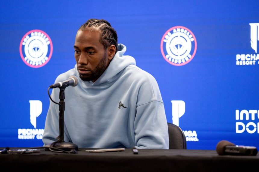 Los Angeles Clippers forward Kawhi Leonard speaks during the NBA basketball team's media day Monday, Sept. 29, 2025, in Inglewood, Calif. (AP Photo/Eric Thayer)